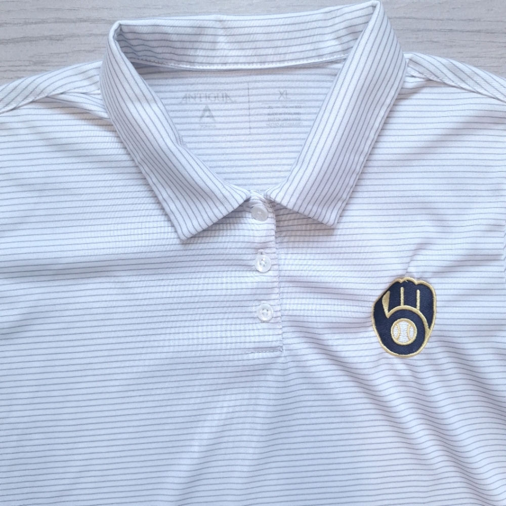 Antigua Milwaukee Brewers Women's White Striped Short Sleeve Performance Polo XL